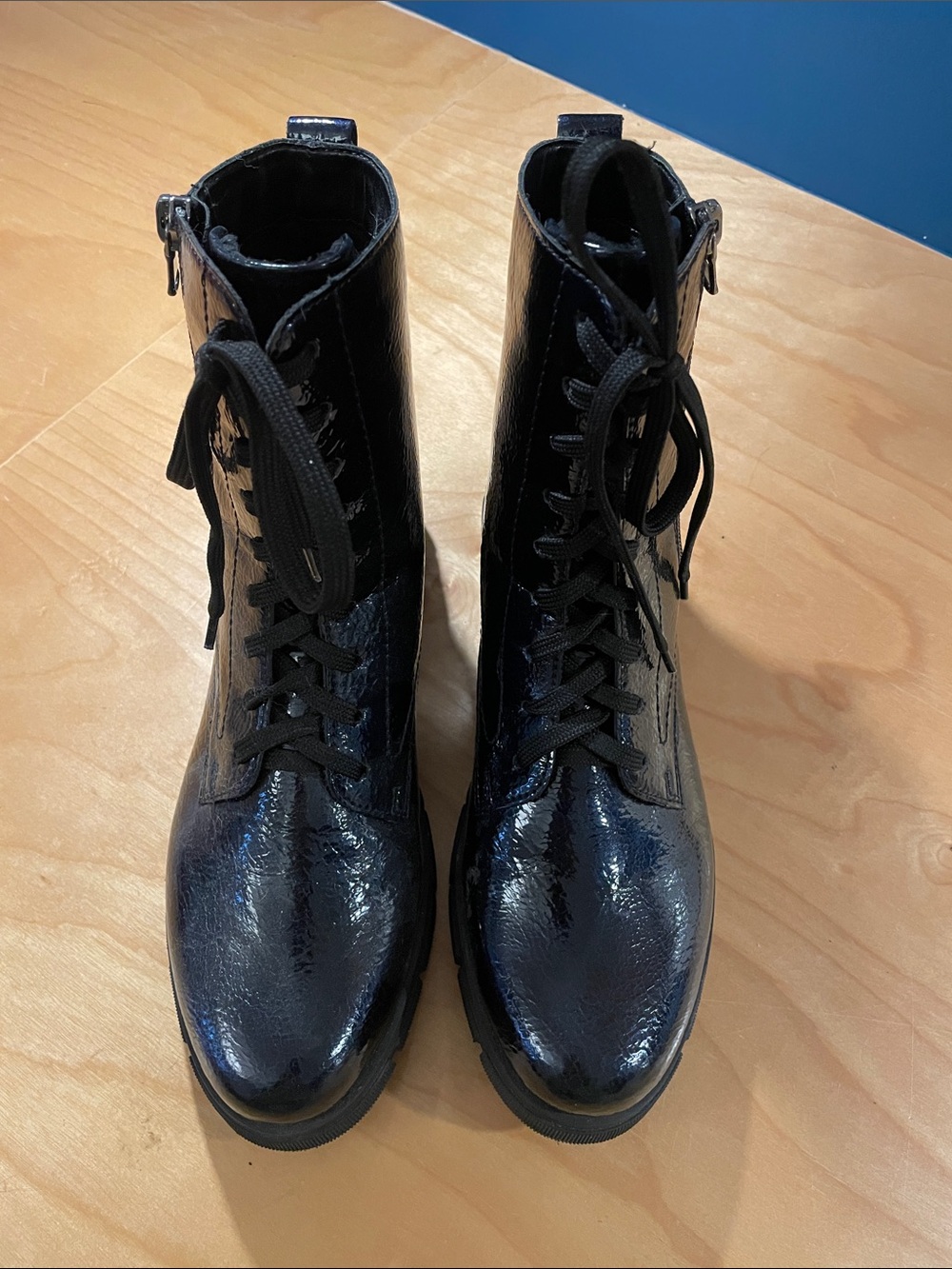 Women's Navy Patent Lace-Up Combat Boots